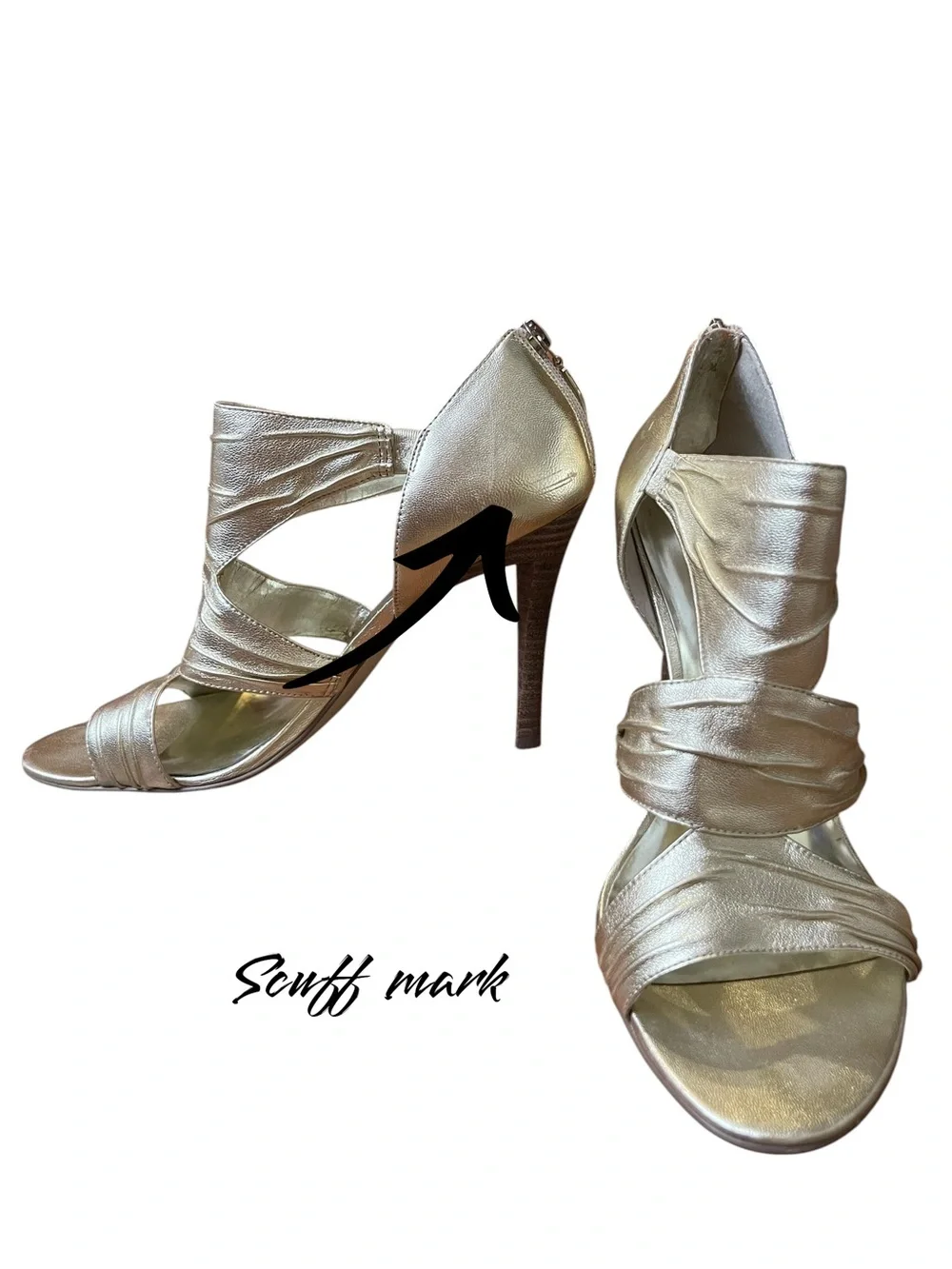 GUESS‎ Gold Metallic Strappy Heels Zip Back Stiletto Sandals Size 9.5 Party Glam